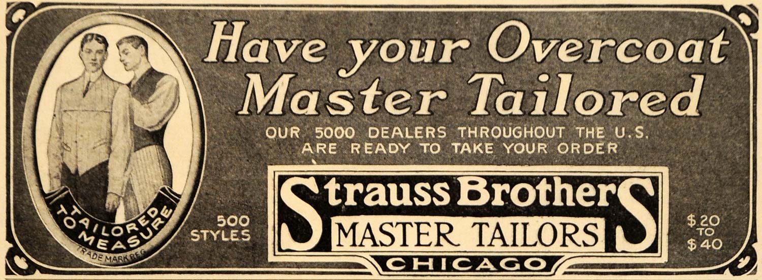 1911 Ad Strauss Brothers Master Mens Tailors Overcoat - ORIGINAL ADVERTISING EM1