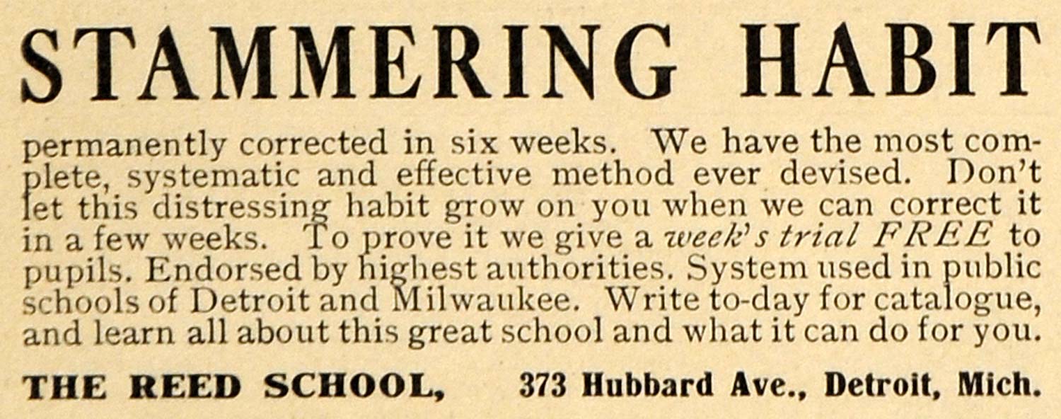 1913 Ad Reed School Stammering Detroit Michigan - ORIGINAL ADVERTISING EM1