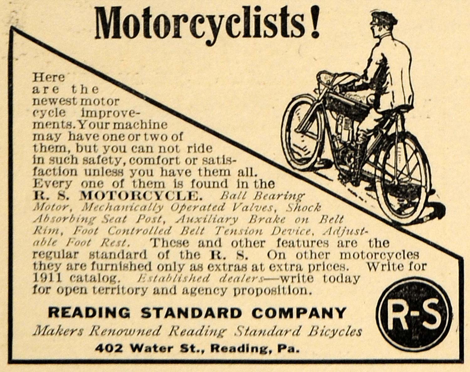 1911 Ad Motorcyclists Reading Standard Bike Motor Brake - ORIGINAL EM1