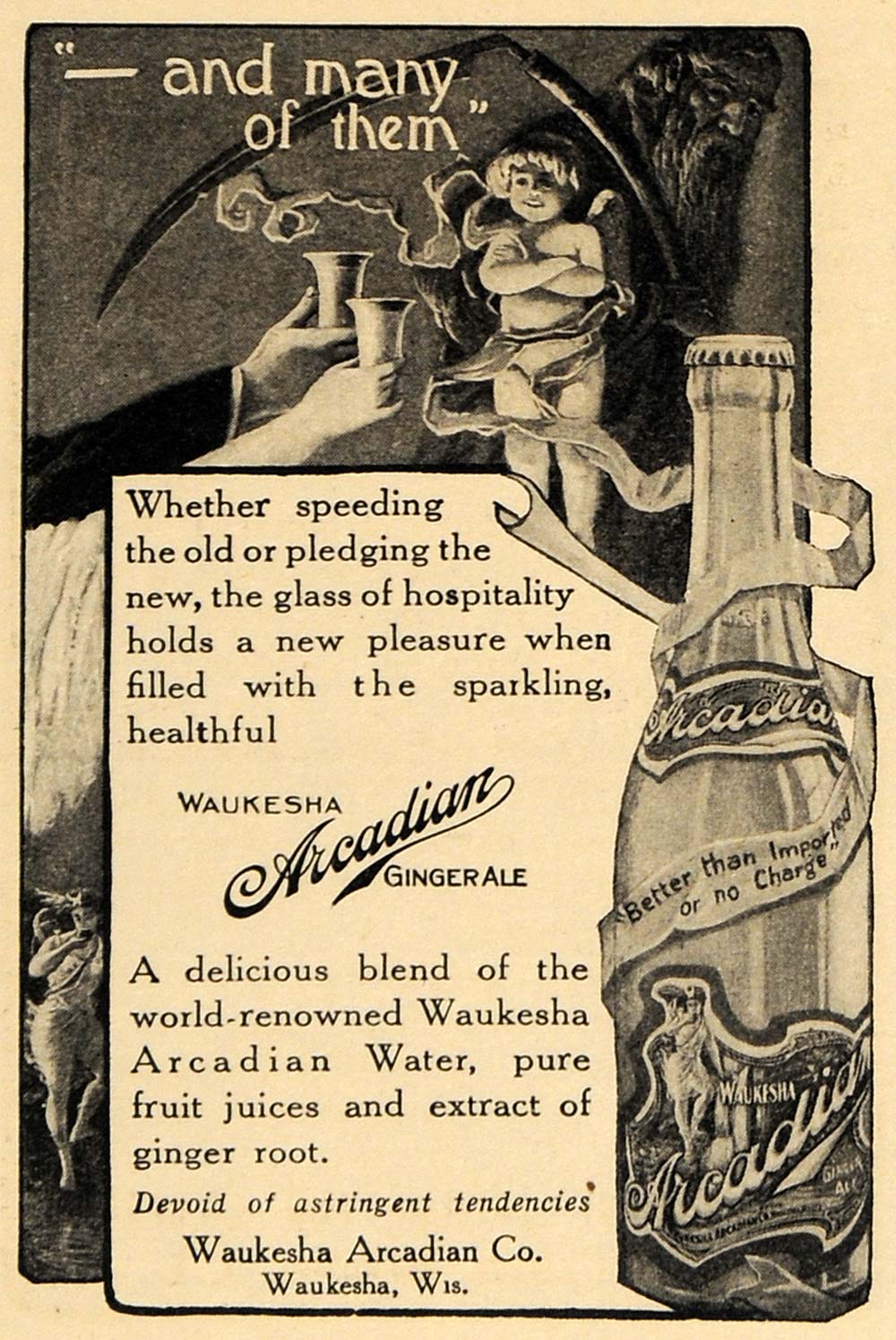 1908 Ad Waukesha Arcadian Ginger Ale Bottle Wisconsin - ORIGINAL ADVERTISING EM2