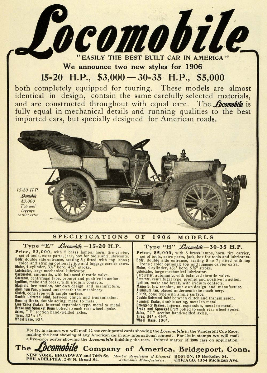 1906 Ad Locomobile Company America Model E Automobile Vintage Motor Ve ...