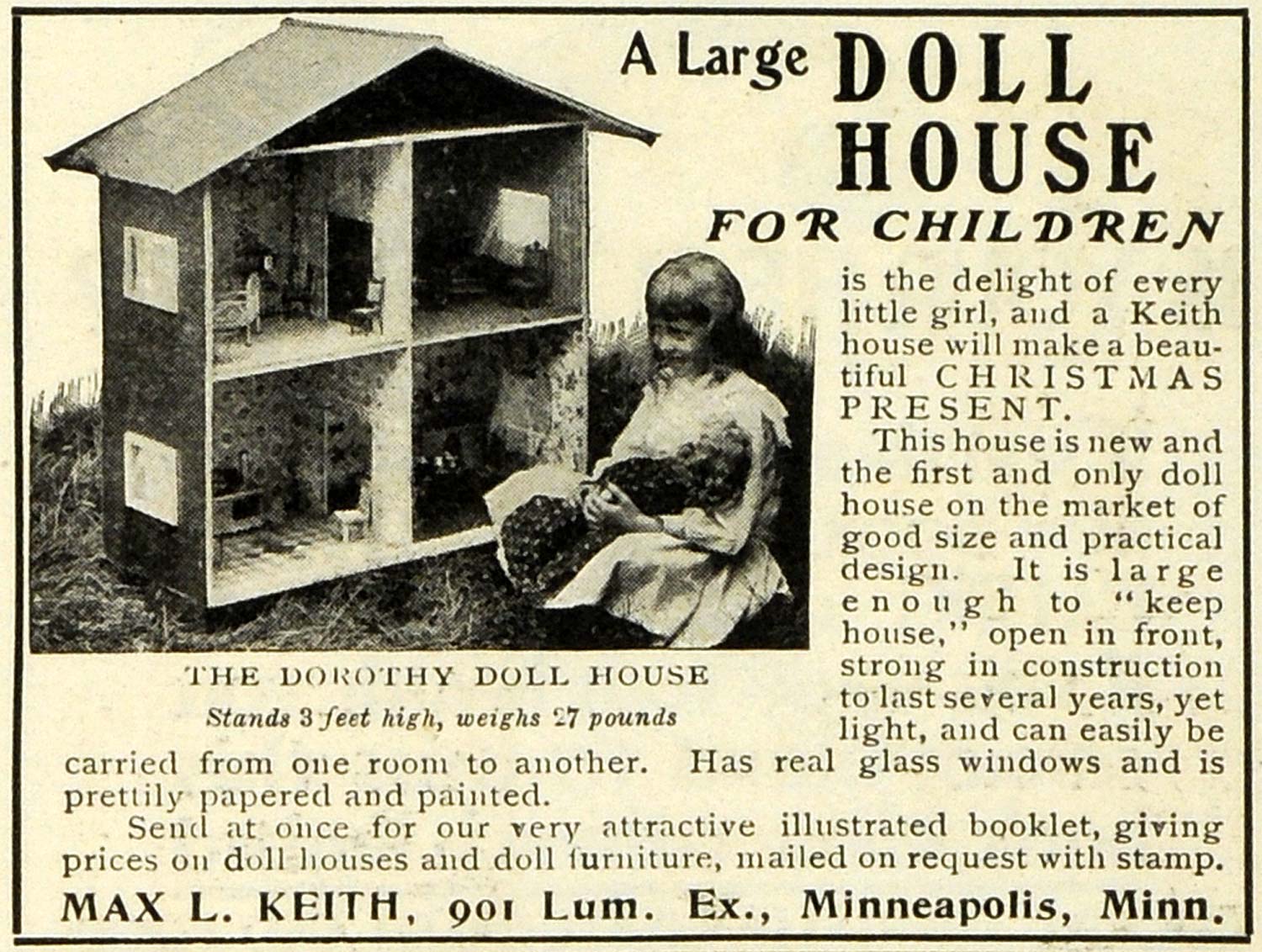 1905 Ad Dorothy Doll House Children Max L Keith Minneapolis Christmas EM2