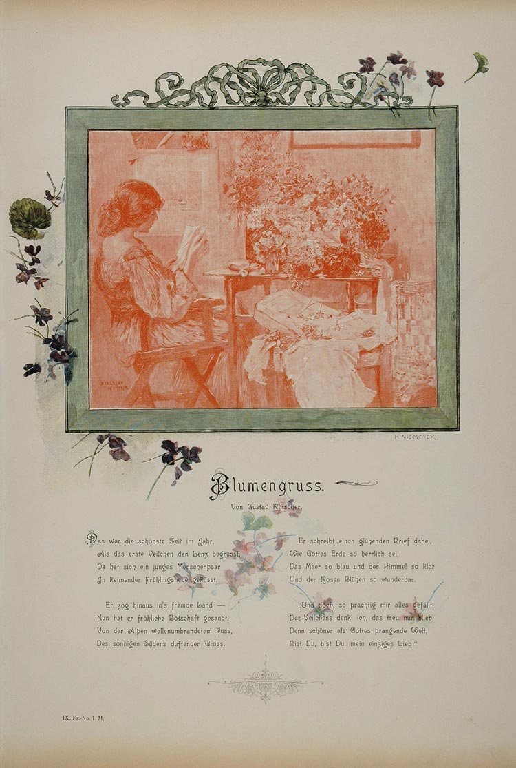 1895 Blumengruss Flower Poem Gustav Klitscher Print - ORIGINAL