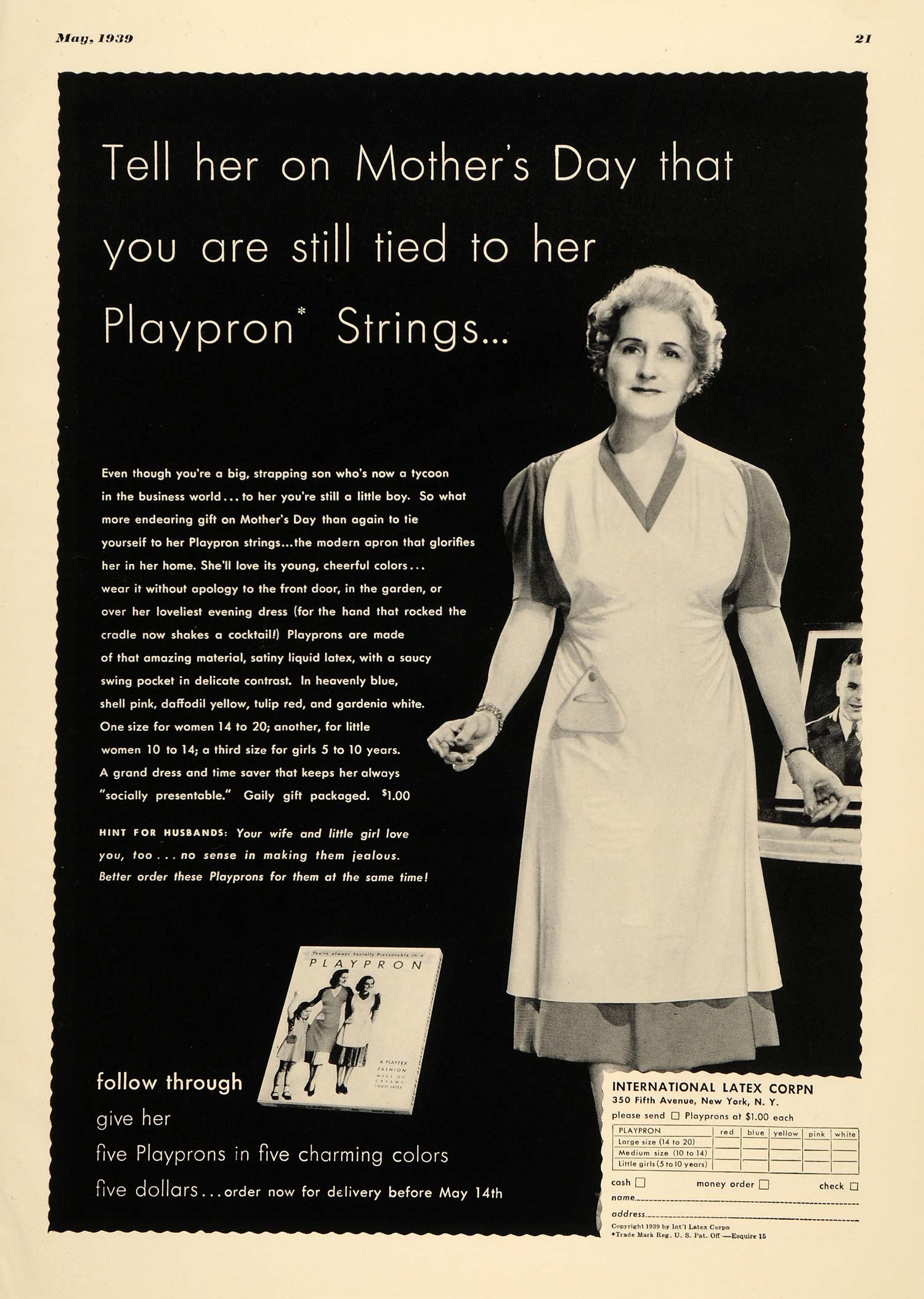 1939 Ad Playpron Strings Apron Mother's Day Sizing - ORIGINAL ADVERTISING EQ1