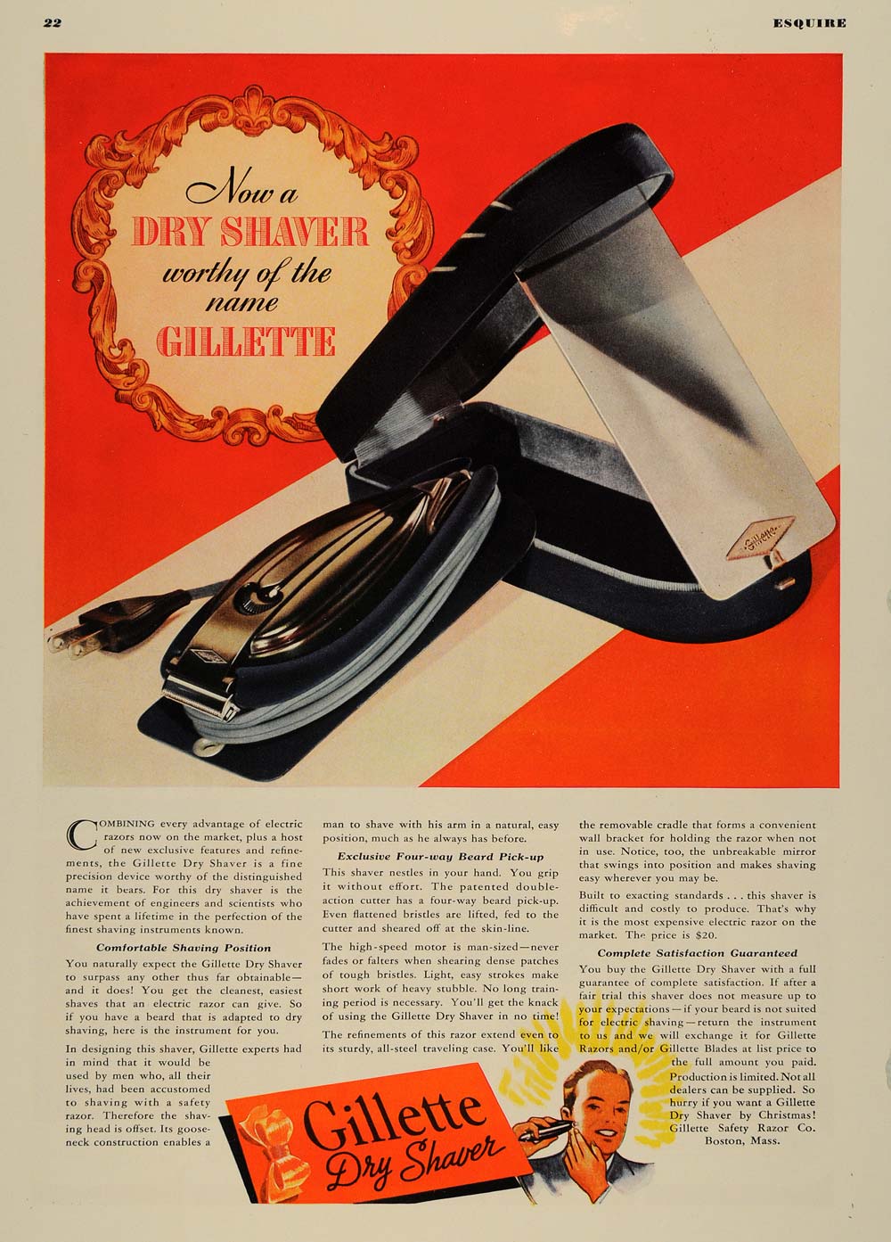 1938 Ad Gillette Razor Dry Shaver Antique Shaving Mass - ORIGINAL ESQ1