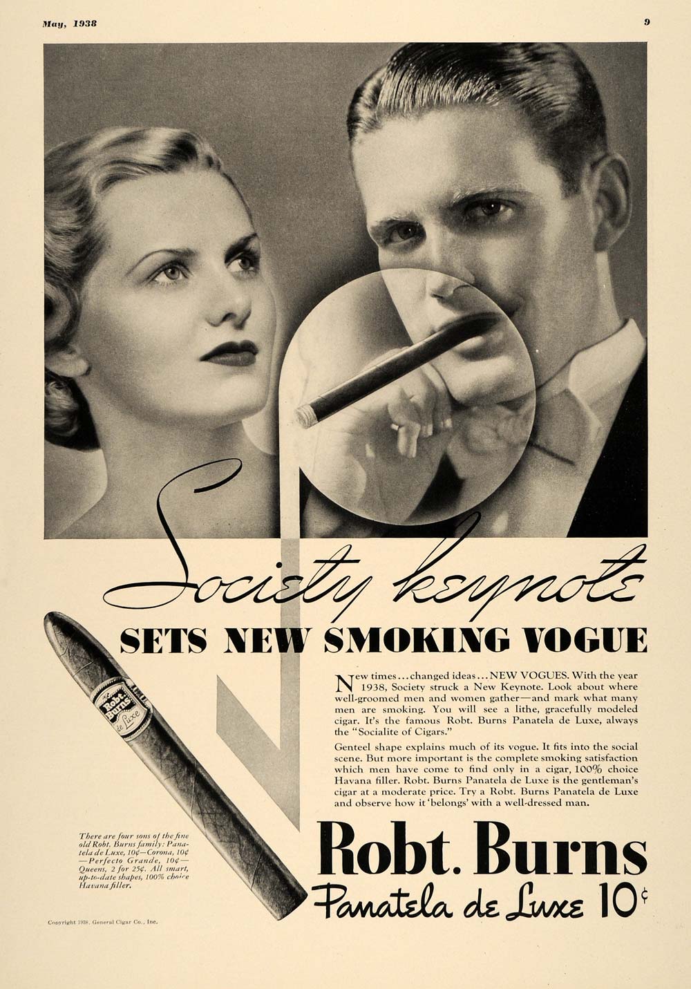 1938 Ad Robert Burns Pamatela de Luxe Cigars Vogue - ORIGINAL ADVERTISING ESQ1