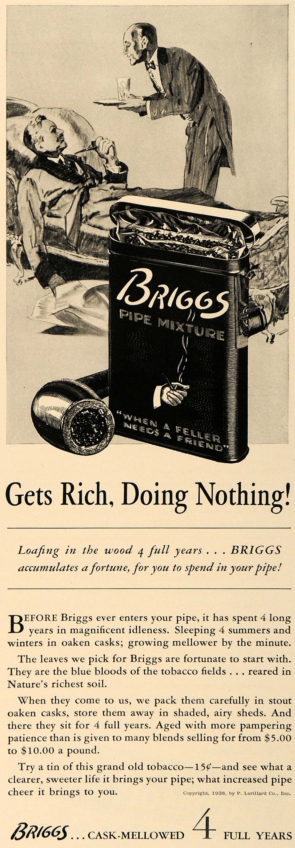 1938 Ad P Lorillard Co Inc Briggs Pipe Mixture Tobacco - ORIGINAL ESQ1