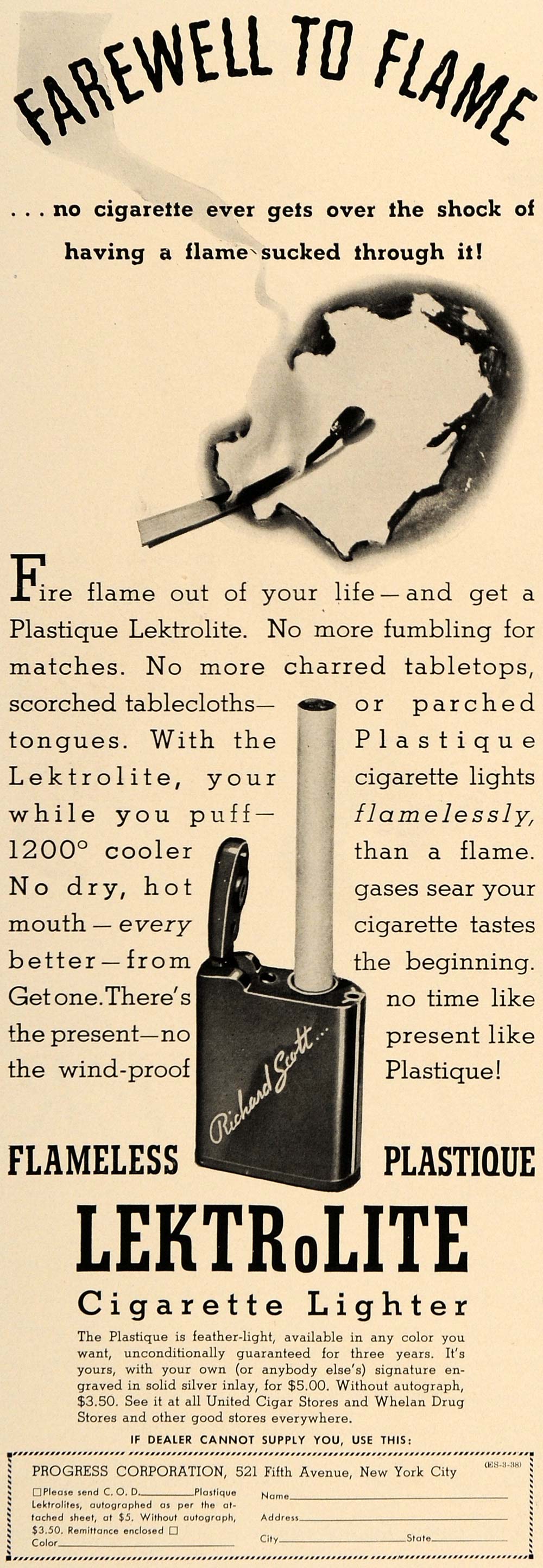 1938 Ad Progress Flameless Plastique Lektrolite Lighter - ORIGINAL ESQ1