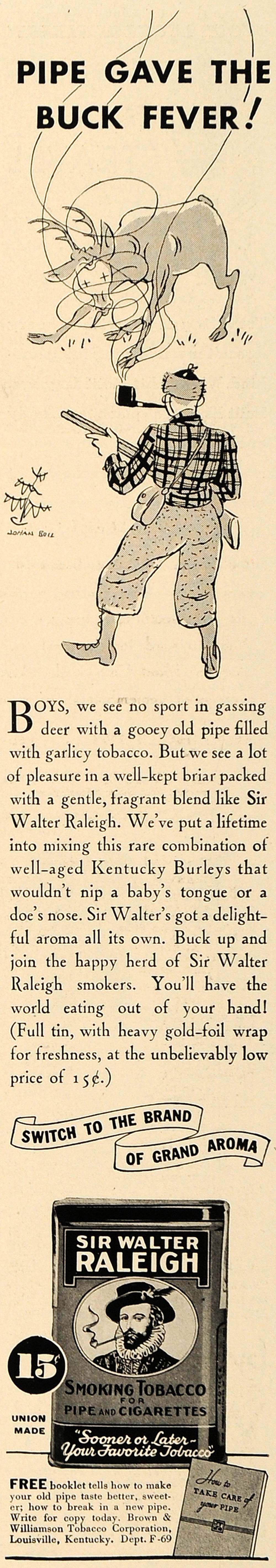 1936 Ad Sir Walter Raleigh Smoking Tobacco Pipe Hunting - ORIGINAL ESQ1