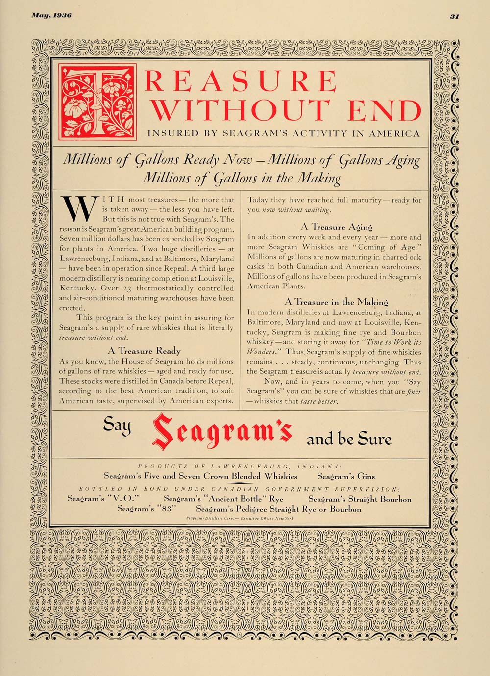 1936 Ad Seagrams Treasure Without End Lawrenceburg Ind. - ORIGINAL ESQ2