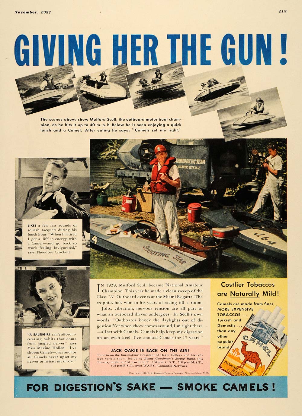 1937 Ad Mulford Scull Motor Boat Champ Camel Cigarettes - ORIGINAL ESQ2