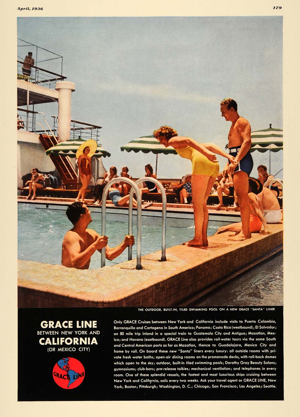 1936 Ad Grace Line Santa Cruise Ship Pool Dorothy Gray - ORIGINAL ESQ3