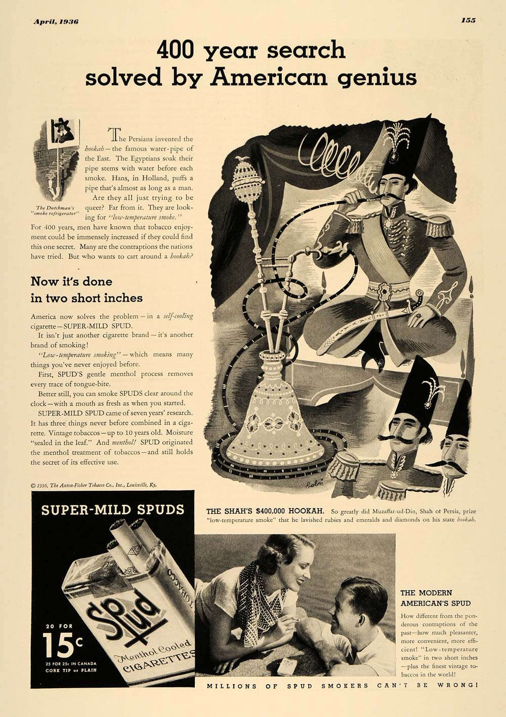 1936 Ad Spud Menthol Cigarettes Axton-Fisher Hookah - ORIGINAL ADVERTISING ESQ3