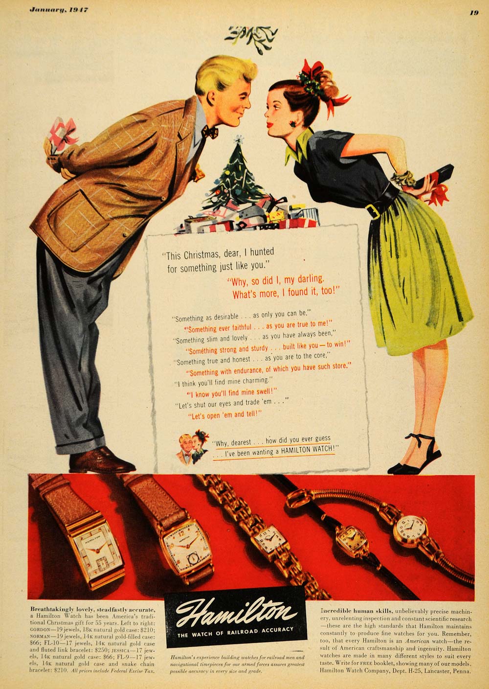 1947 Ad Hamilton Wrist Watch Christmas Gift Present Romance Kiss Tree ESQ4