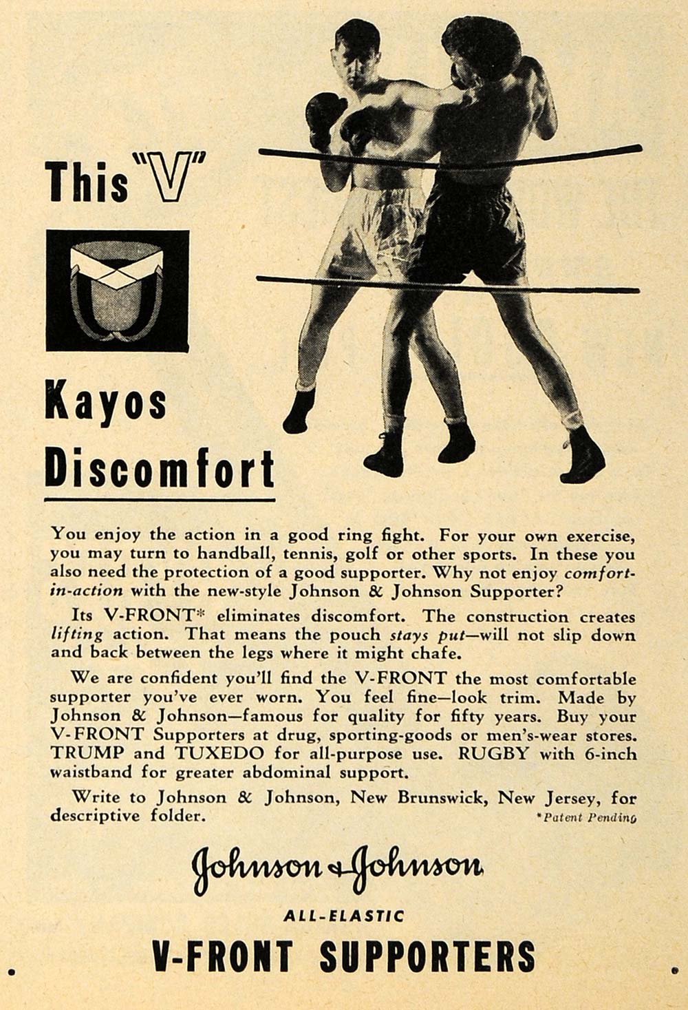 1947 Ad Johnson & Johson V-front Supporters Boxing - ORIGINAL ADVERTISING ESQ4