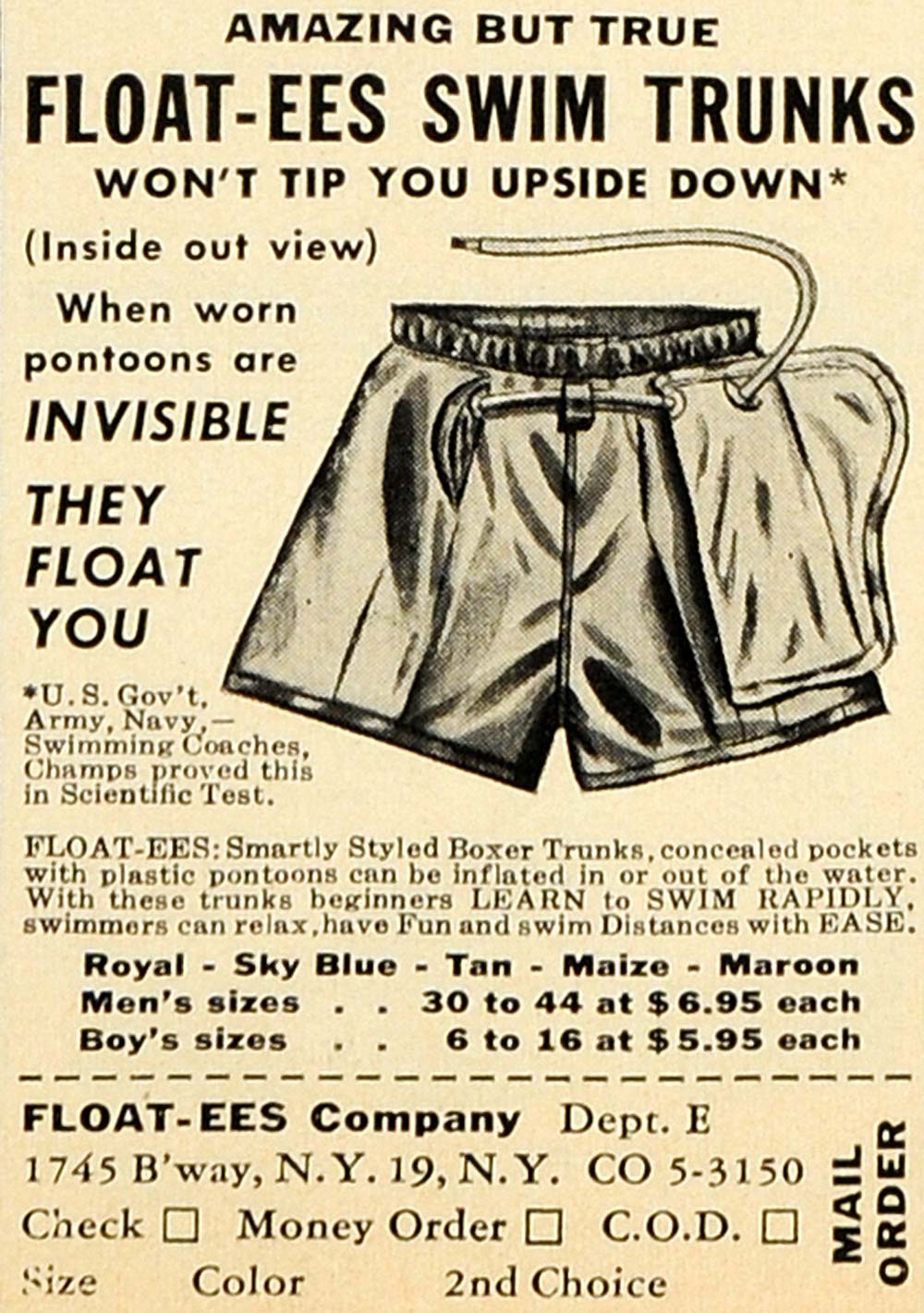 1952 Ad Float-Ees Company Swim Trunk Army Navy Swimsuit - ORIGINAL ESQ4