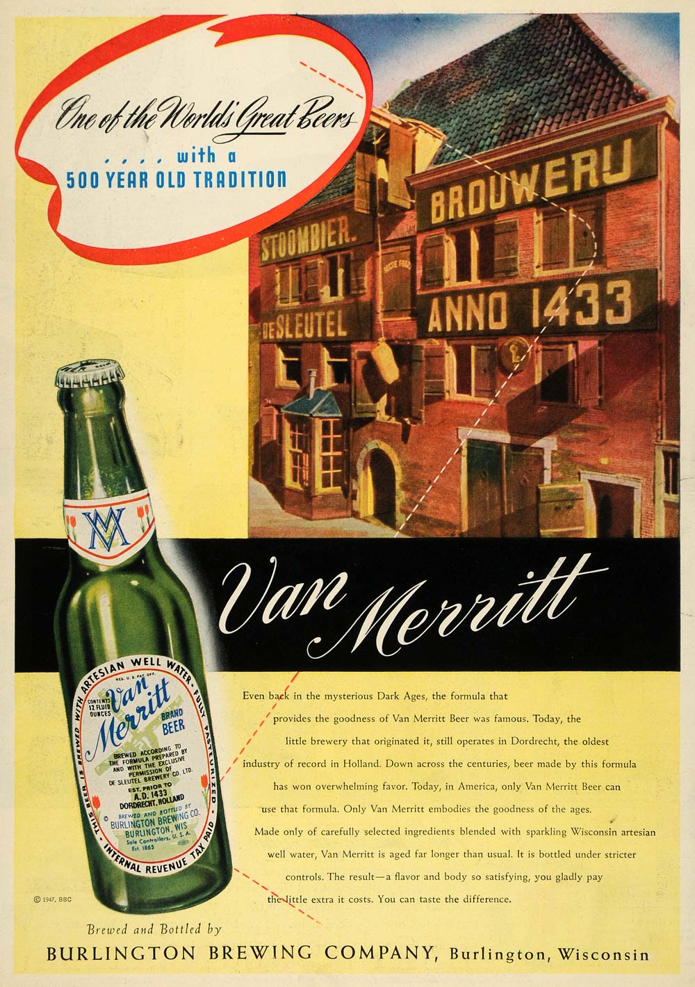 1947 Ad Van Merritt Burlington Brewing Wisconsin Beer - ORIGINAL ESQ4