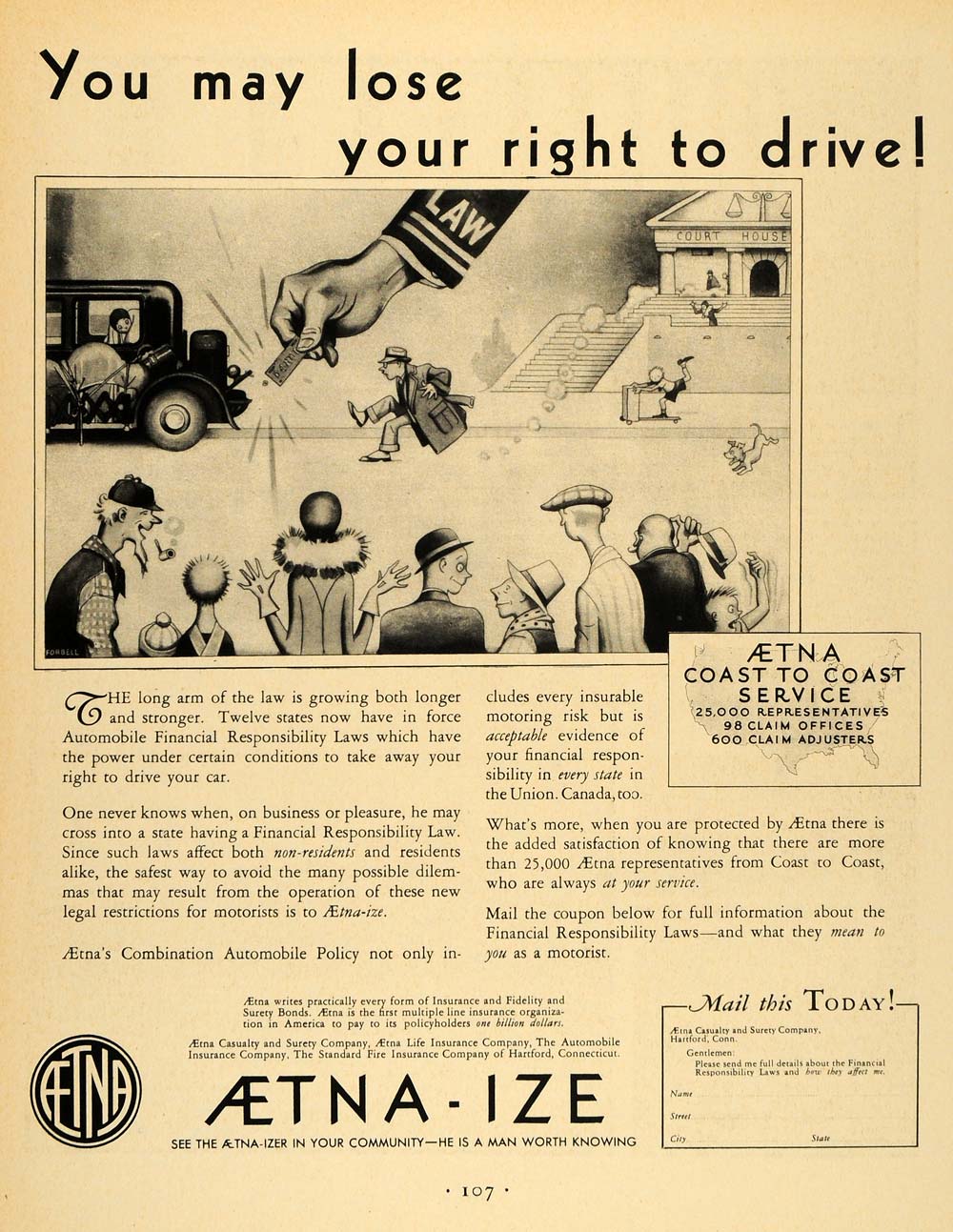 1931 Ad Aetna Automobile Financial Responsibility Law - ORIGINAL ADVERTISING F1A