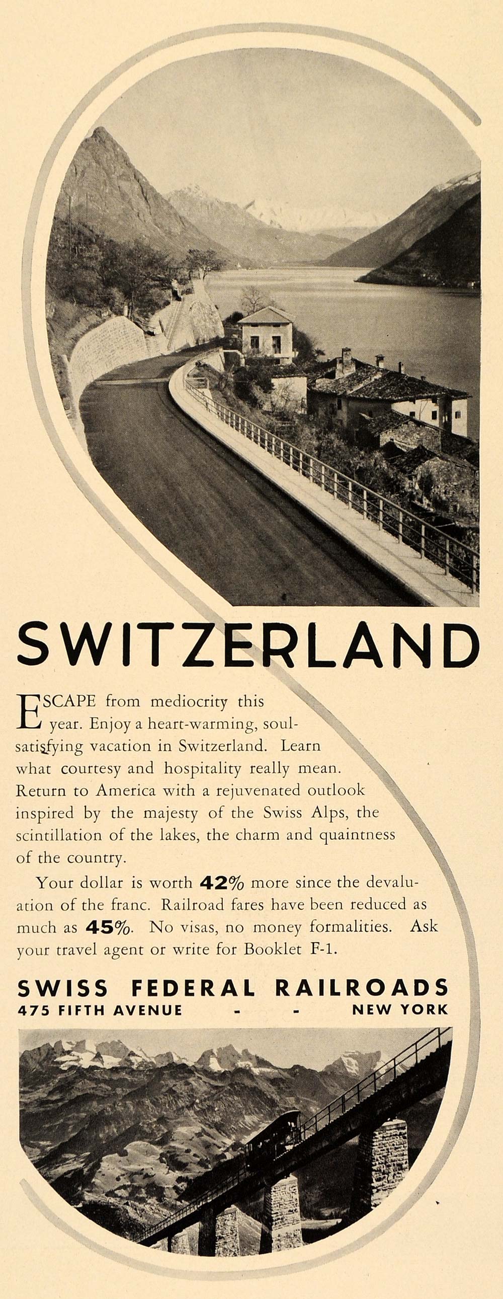 1938 Ad Swiss Federal Railroads Switzerland Train Travel Tourism Mountain F2B