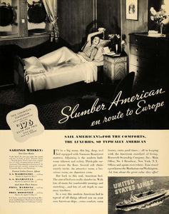 1935 Ad United States Lines Cruise Room Ship Sailing - ORIGINAL ADVERTISING F3A