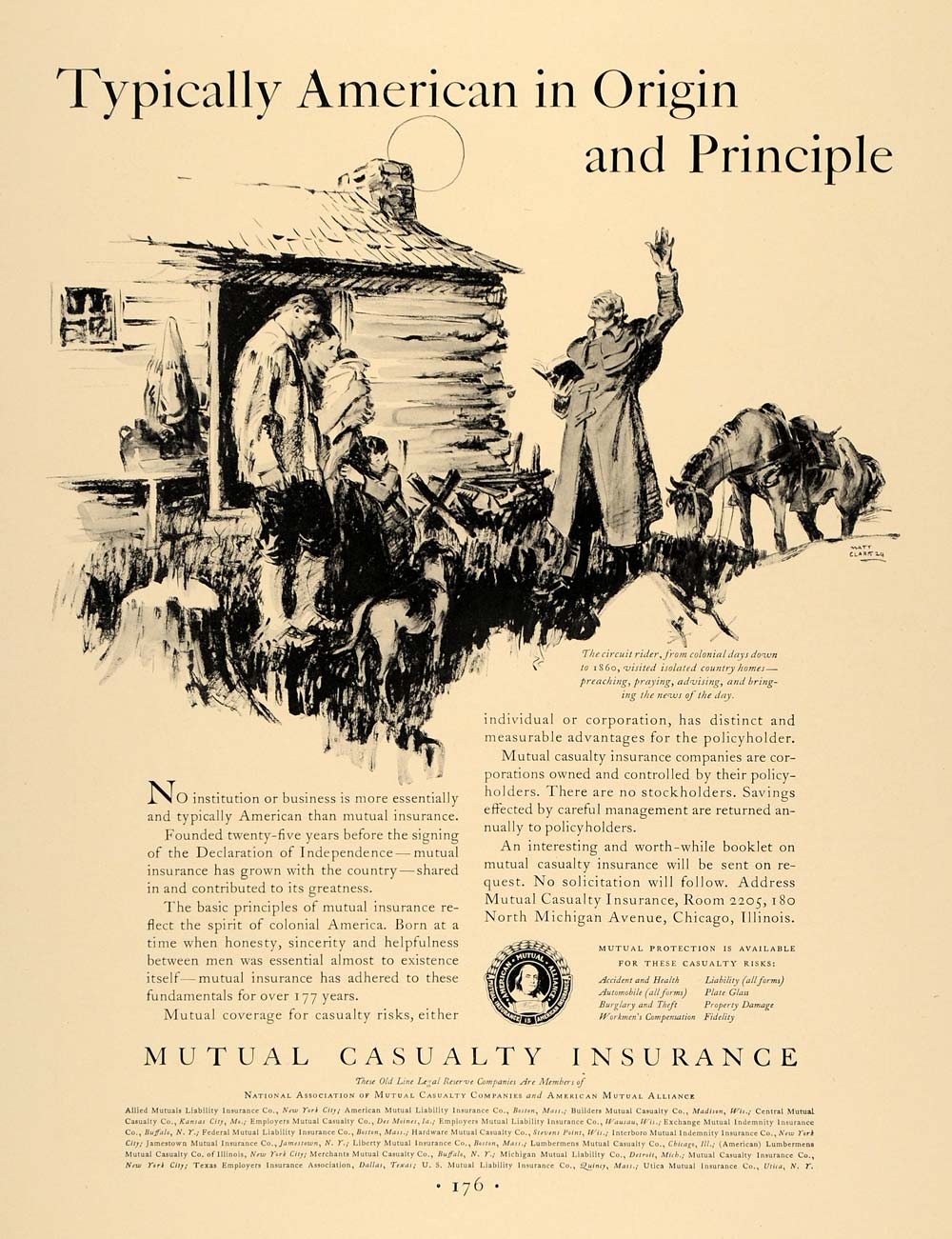 1930 Ad Mutual Casualty Insurance Colonial Matt Clark - ORIGINAL  ADVERTISING F3A