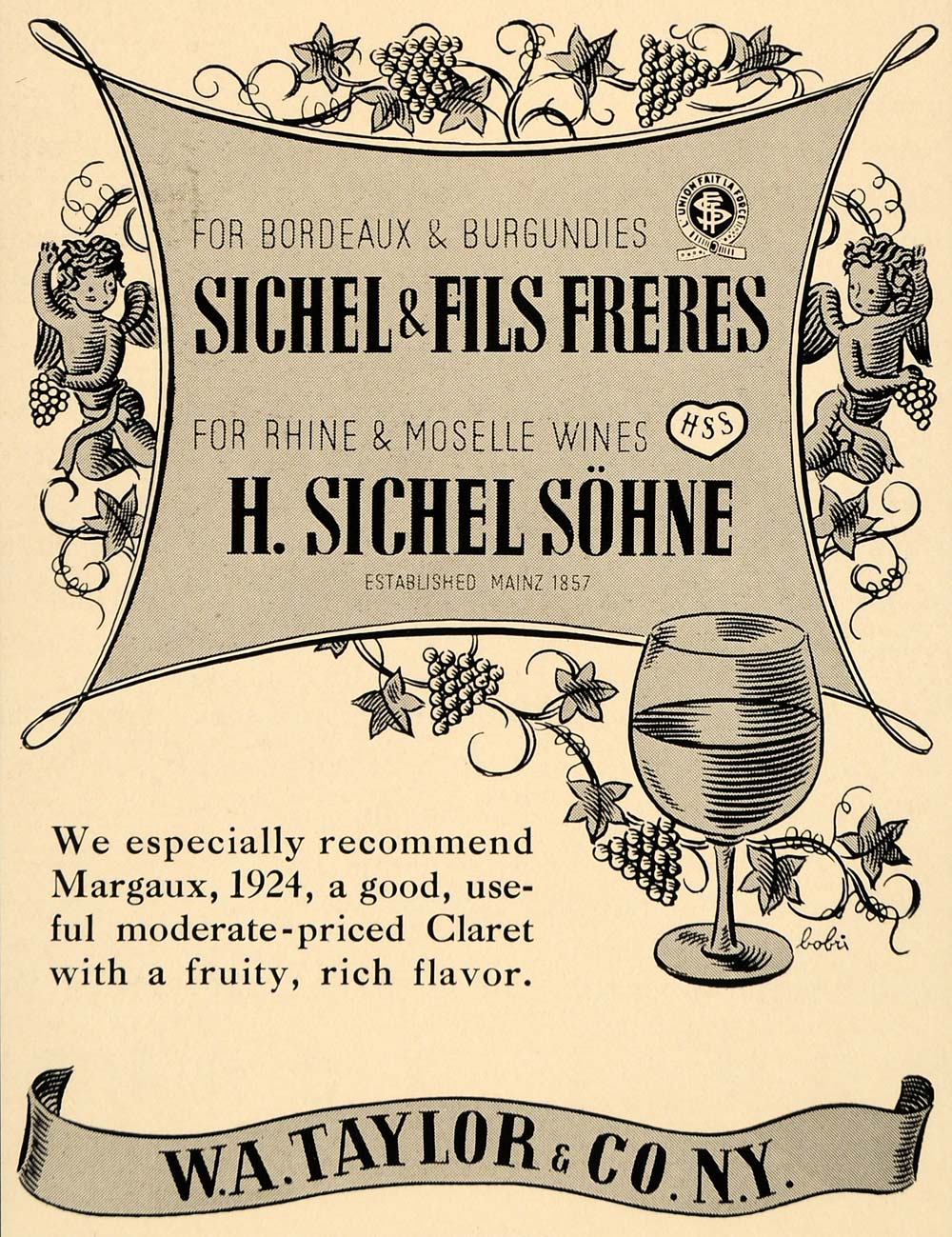 1935 Ad Sichel & Fils Freres H Sichel Sohne Wine Bobri - ORIGINAL F3B