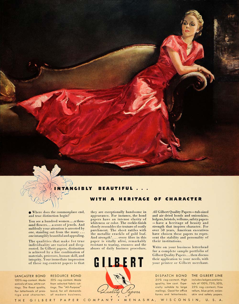 1940 Ad Gilbert Papers Woman Red Dress Lounging Chair - ORIGINAL ADVERTISING F4A