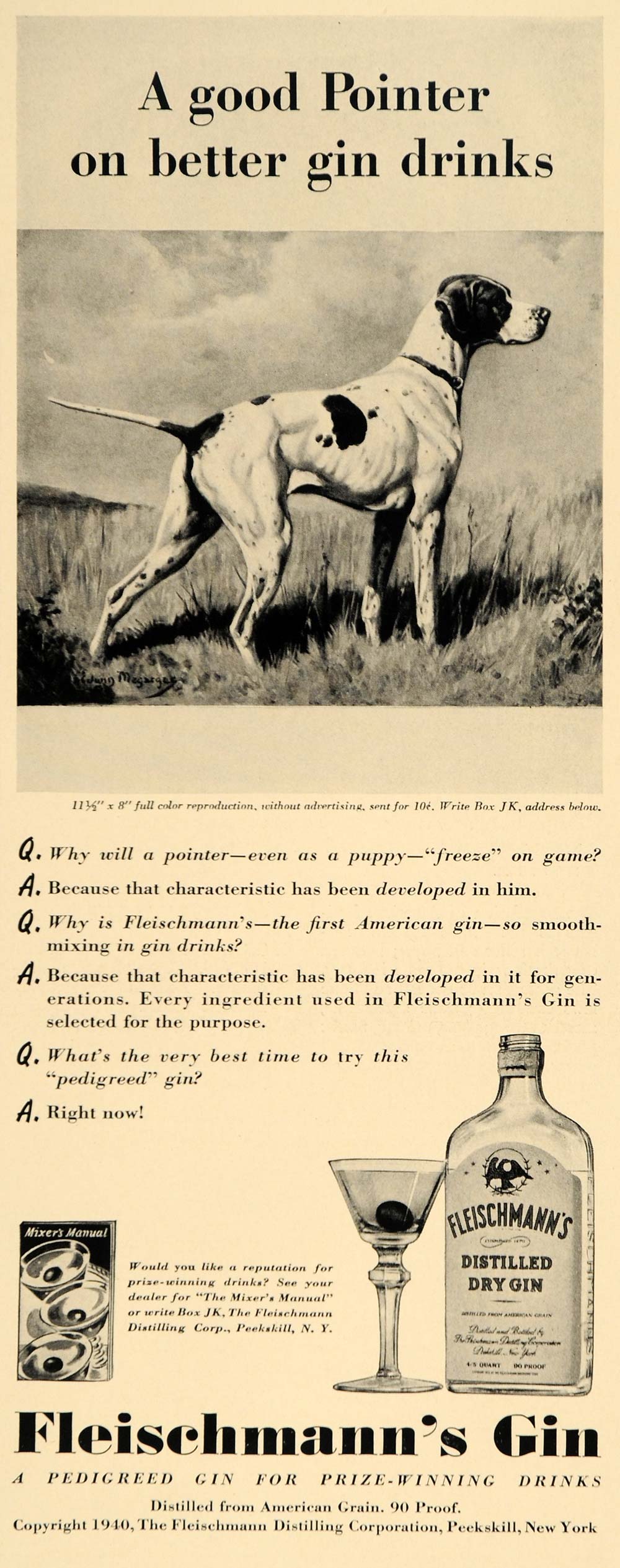 1940 Ad Fleischmann's Dry Gin Pointer Hunting Dog - ORIGINAL ADVERTISING F4B