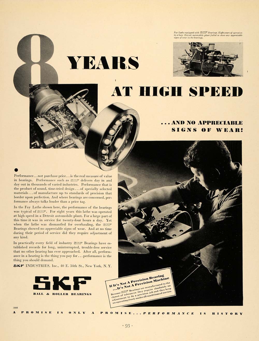 1932 Ad SKF Ball Roller Bearing Metal Fay Lathe Steel - ORIGINAL ADVERTISING F5A