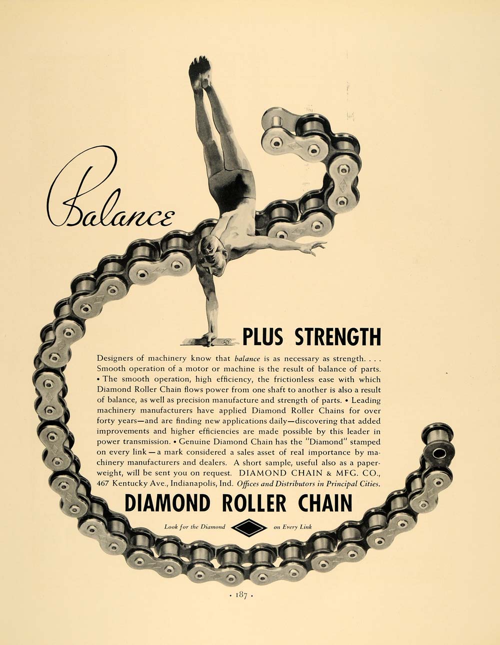 1936 Ad Diamond Chain & Manufacturing Roller Acrobat - ORIGINAL ADVERTISING F5A