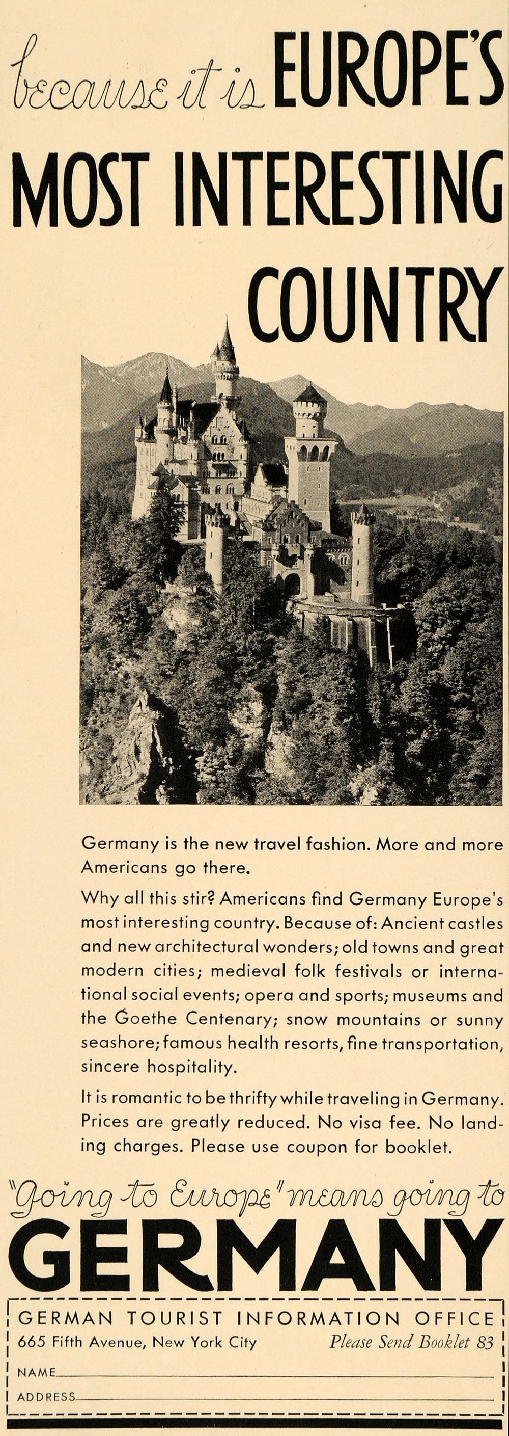 1932 Ad German Tourist Information Germany Trip Castle - ORIGINAL F5B