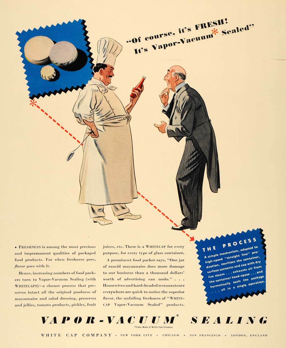 1936 Ad Vapor Vacuum Sealing White Cap Food Products - ORIGINAL ADVERTISING F6A