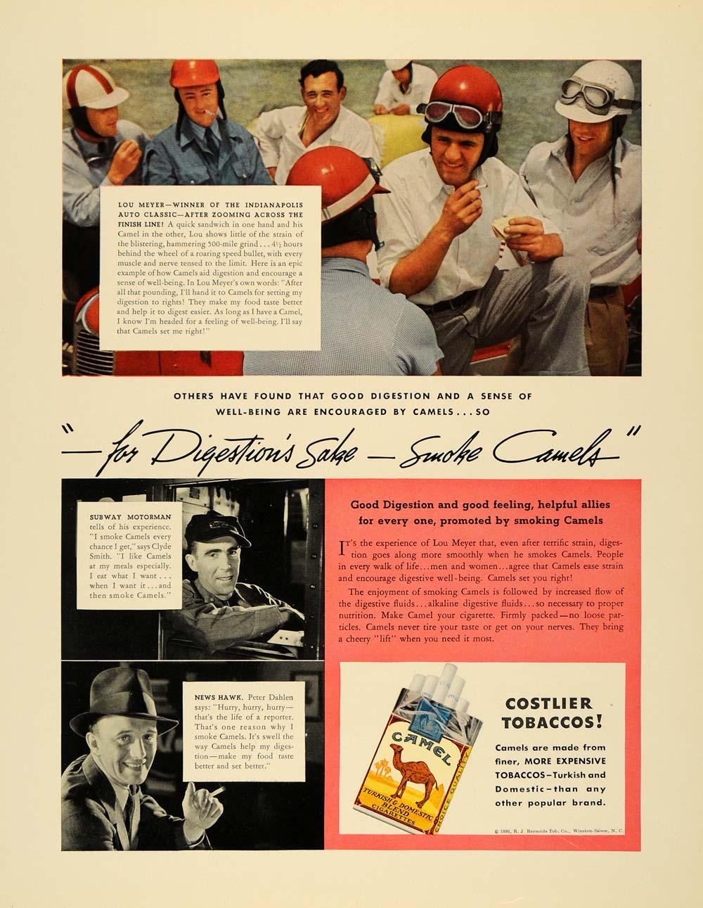 1936 Ad Camel Cigarette R J Reynolds Race Car Lou Meyer - ORIGINAL F6A