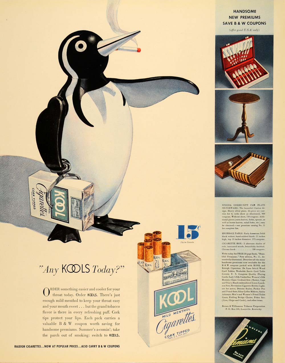 1936 Ad Kool Mild Menthol Cigarette Cork Willy Penguin - ORIGINAL F6A ...