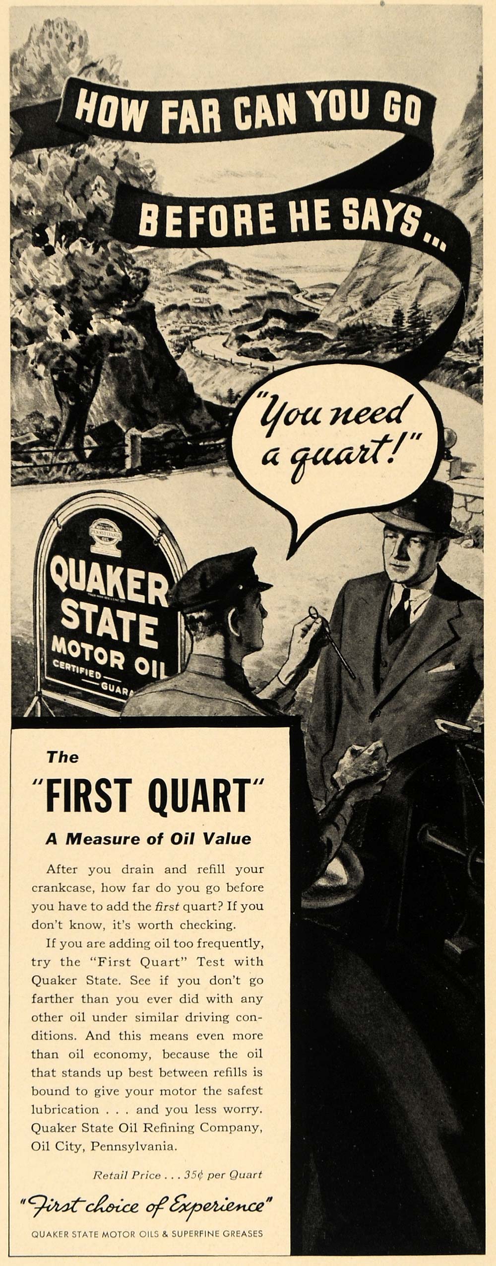 1936 Ad Quaker State Motor Oil Refining 1st Quart Test - ORIGINAL F6B