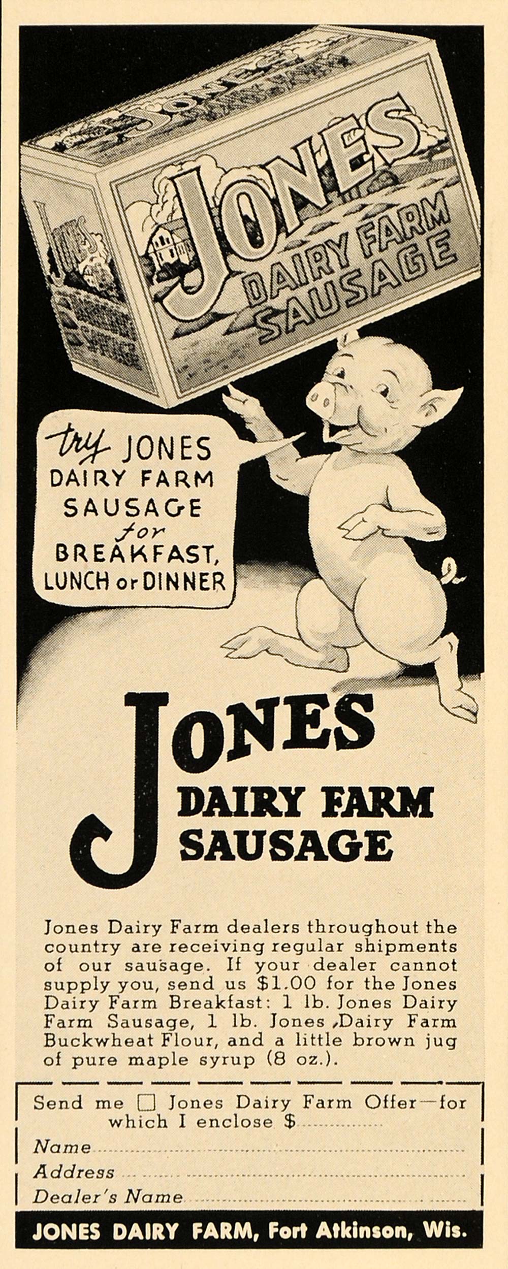 1935 Ad Jones Dairy Farm Sausage Wisconsin Pork Meat - ORIGINAL ADVERTISING F6B