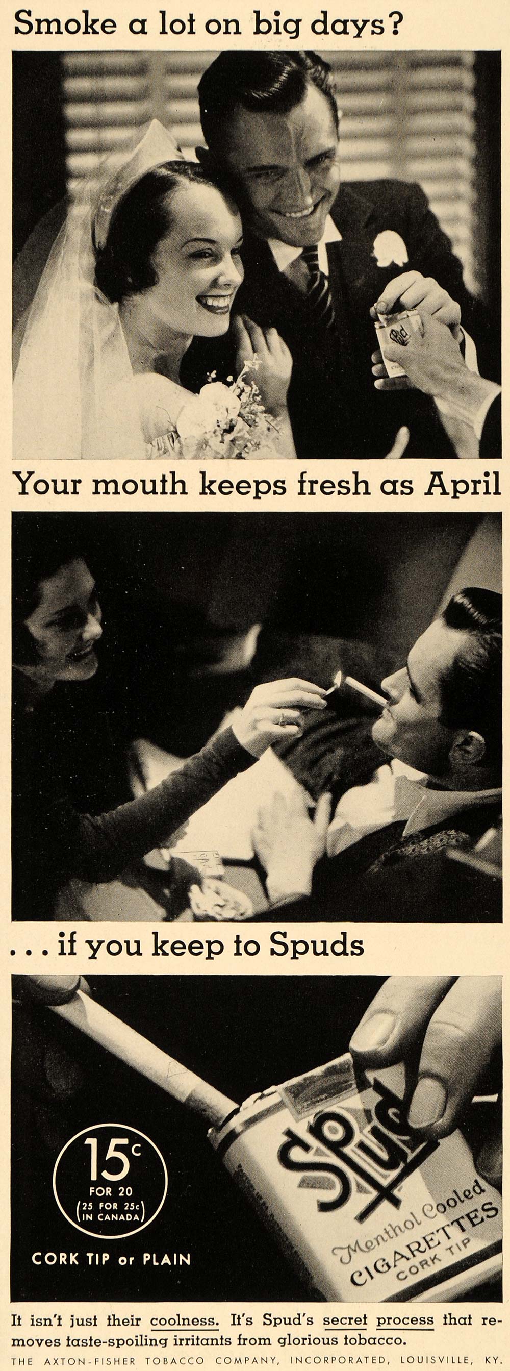 1935 Ad Spud Menthol Cooled Cigarettes Pack Weeding KY - ORIGINAL F6B