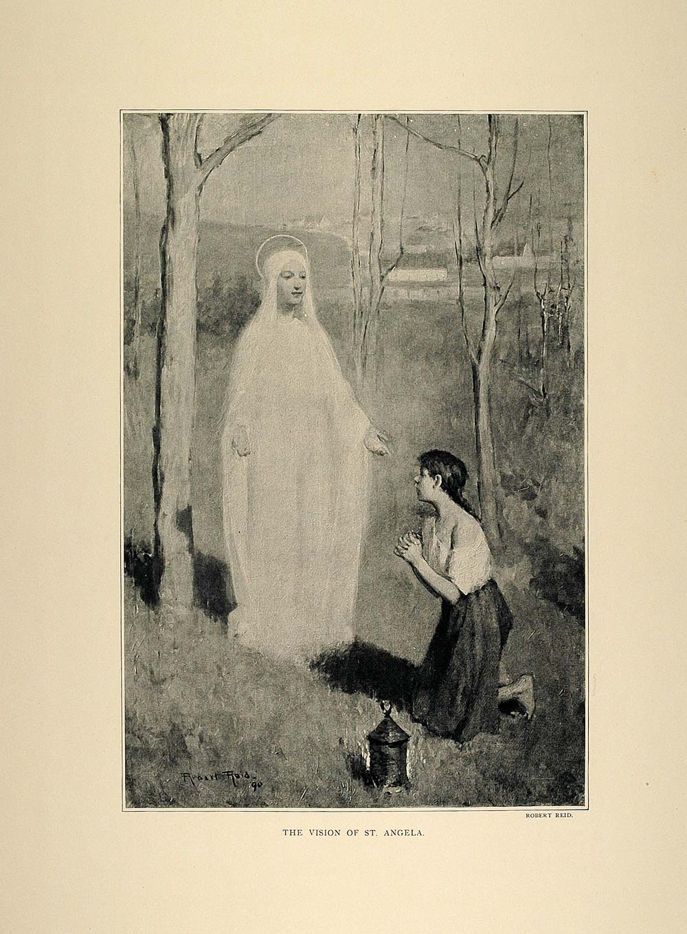 1893 Print Vision St. Angela Peasant Girl Robert Reid ORIGINAL HISTORIC FAI1