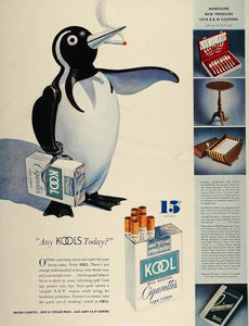 1936 Ad Kool Menthol Cigarettes Pack Penquin Smoking - ORIGINAL ADVERTISING FT4