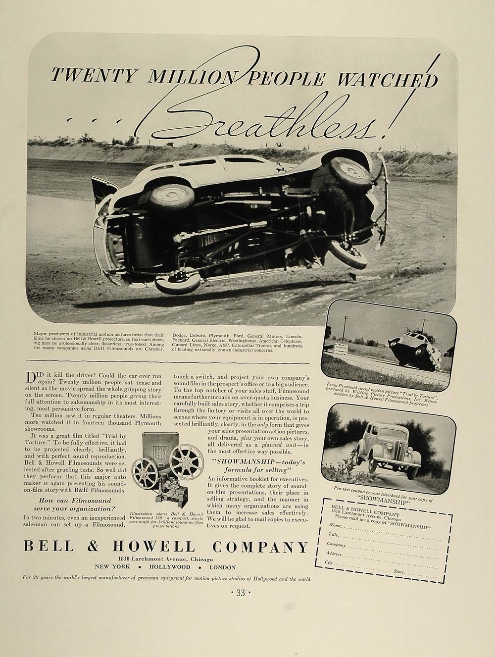 1936 Ad Bell Howell Projector Filmosound 138 Car Wreck - ORIGINAL FT4