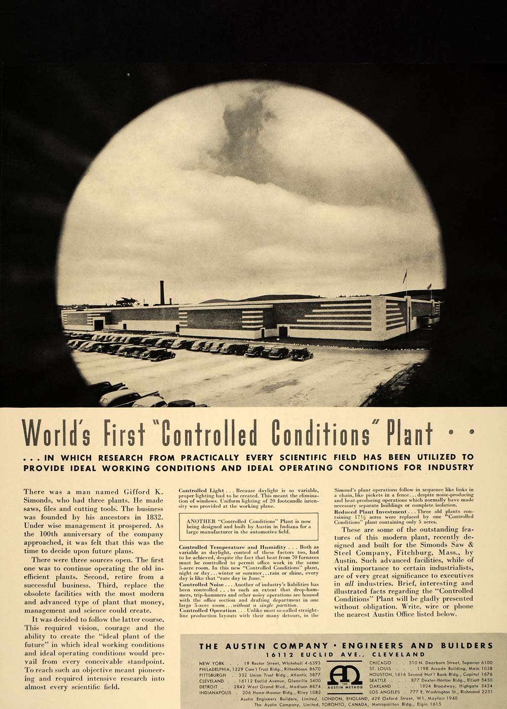 1939 Ad Austin Company Simonds Saw Steel Plant Building - ORIGINAL FT6