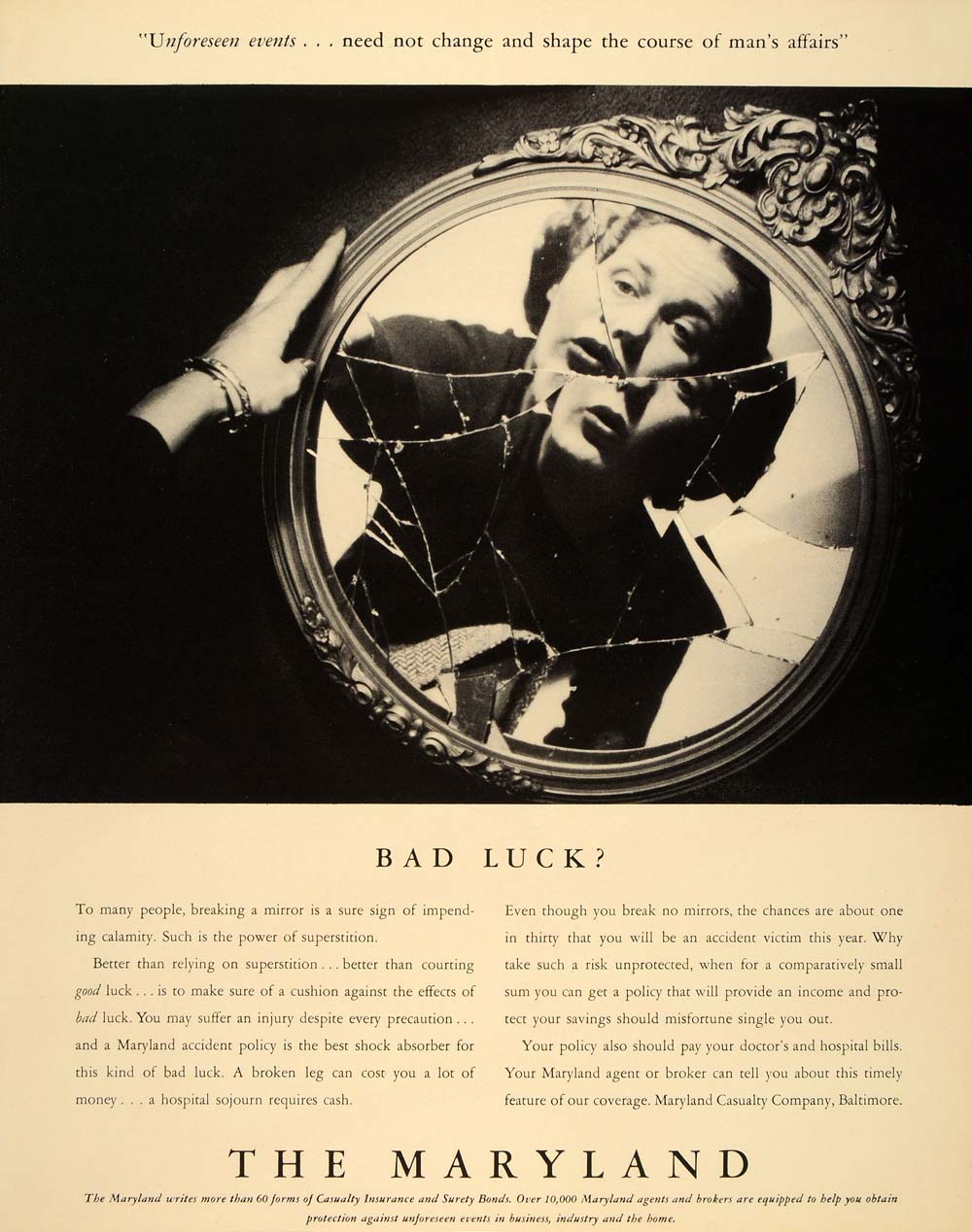 1940 Ad Maryland Casualty Co. Broken Mirror Bad Luck - ORIGINAL ADVERTISING FT6