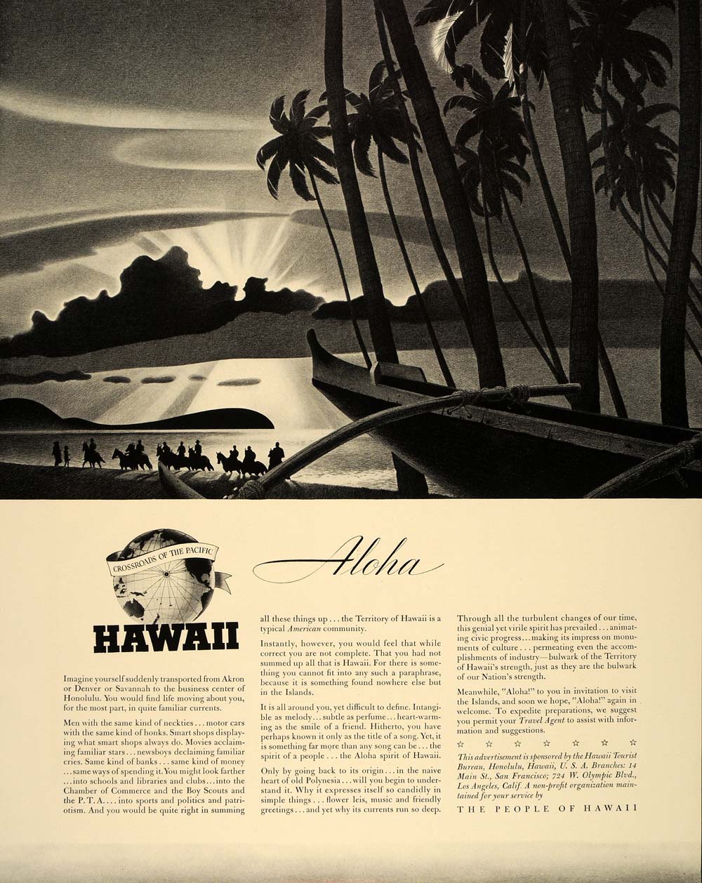 1940 Ad Hawaii Sunset Travel Aloha Outrigger Canoe NICE - ORIGINAL FT6