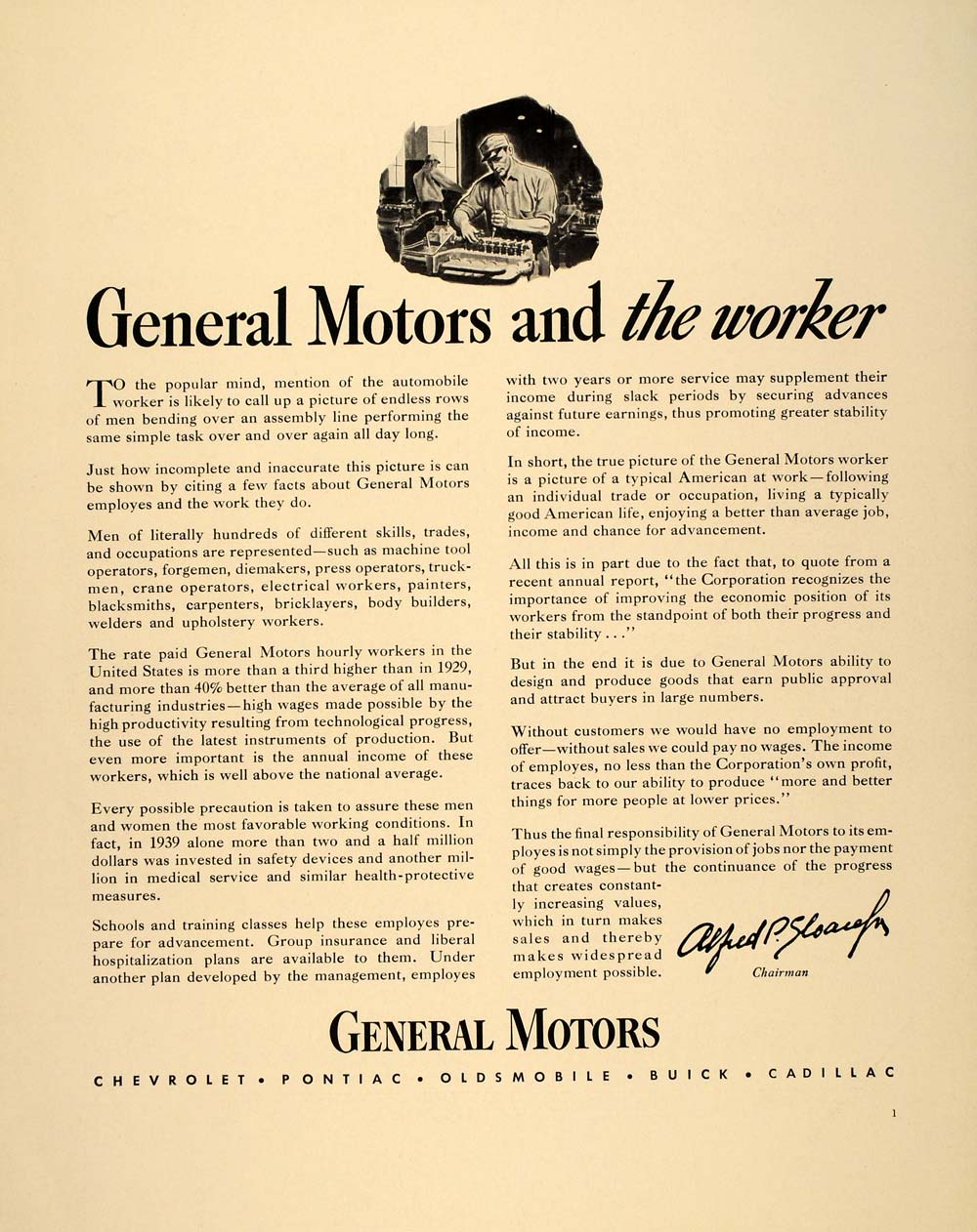 1940 Ad Alfred P. Sloan General Motors Chairman Workers - ORIGINAL FT6