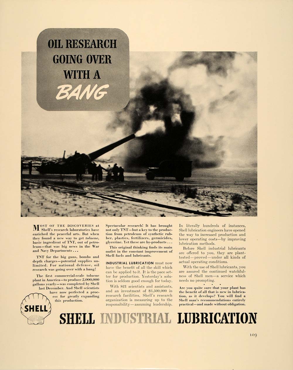 1941 Ad Shell Oil Toluene TNT Artillery Gun Lubricants - ORIGINAL FT6