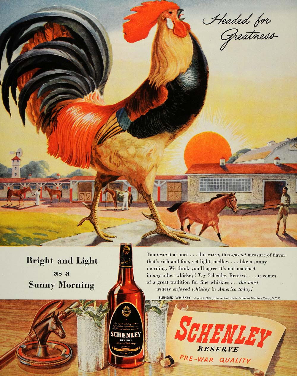 1945 Ad Schenley Reserve Whiskey Rooster Crowing Sun - ORIGINAL ADVERTISING FT6