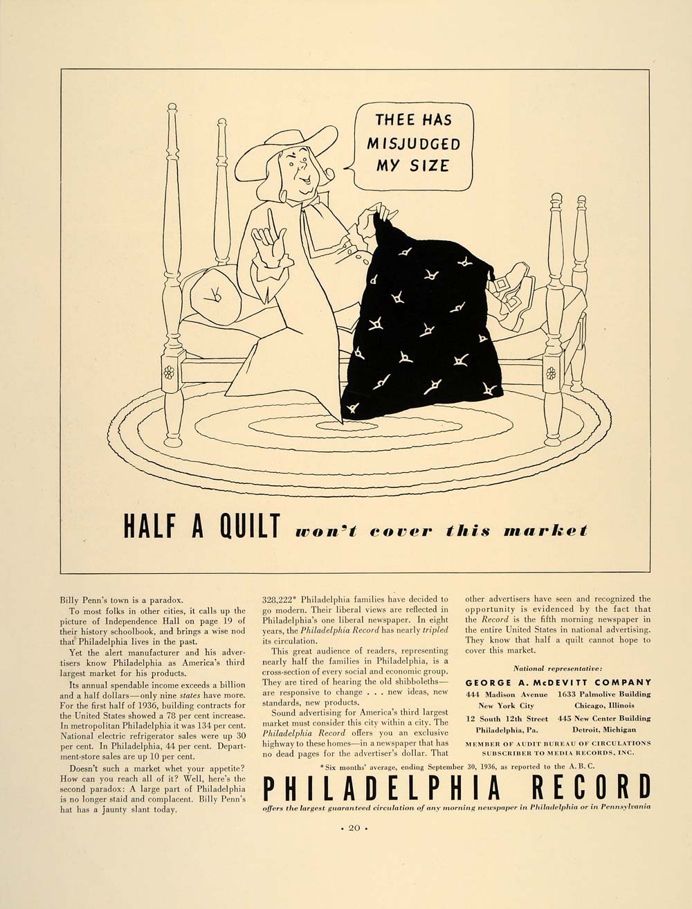 1937 Ad Philadelphia Record Newspaper Advertising Sales - ORIGINAL FT8