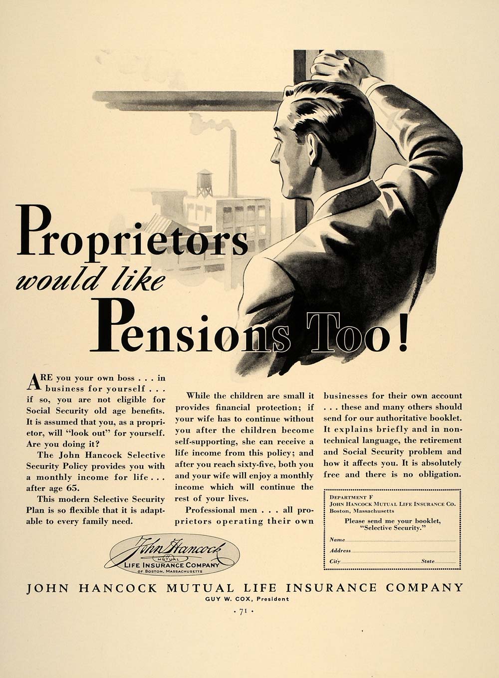 1937 Ad John Hancock Life Insurance Co. Pension Policy - ORIGINAL FT8