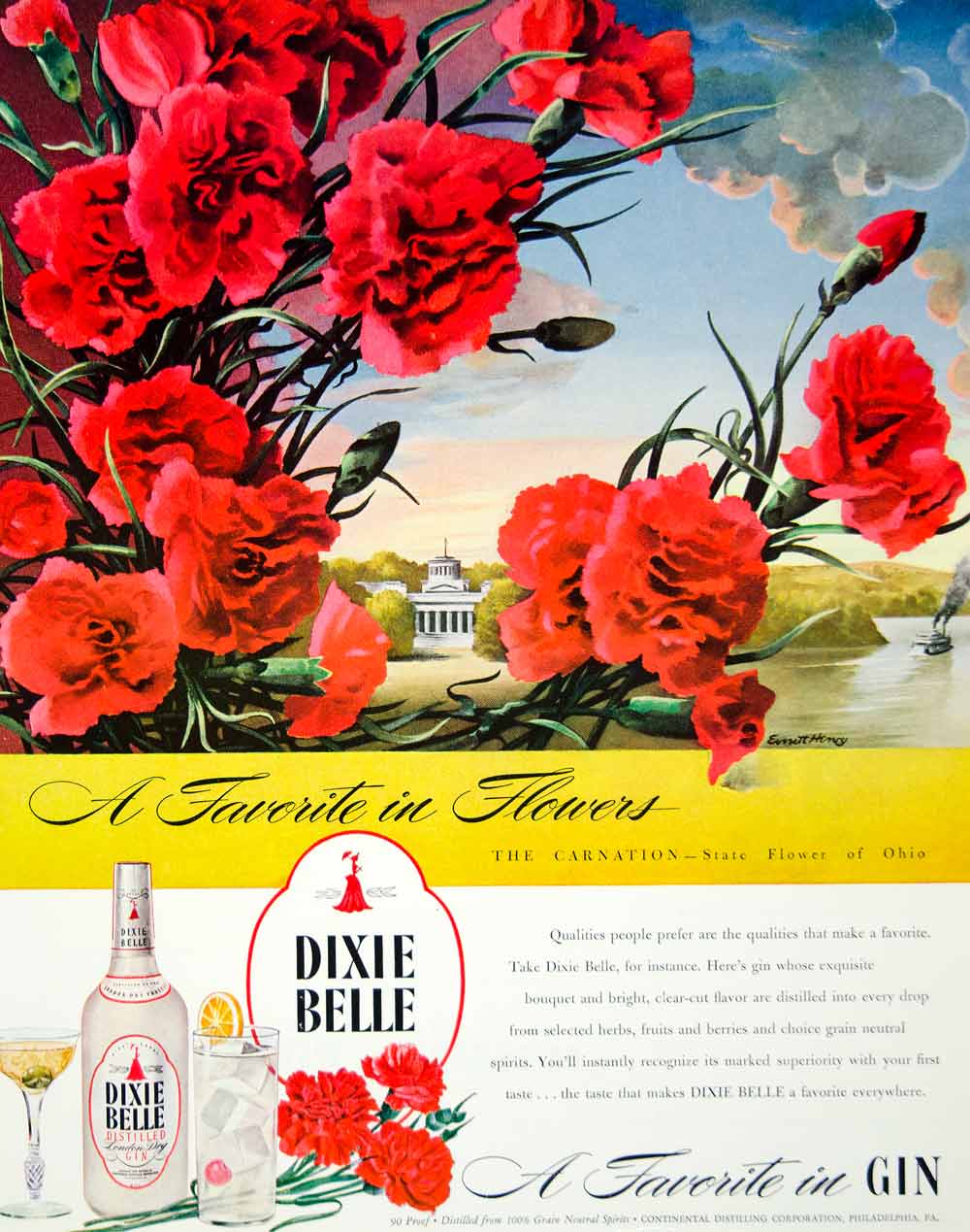 1946 Ad Dixie Bell Distilled Gin London Dry Flowers Carnation Ohio Everett FTM1