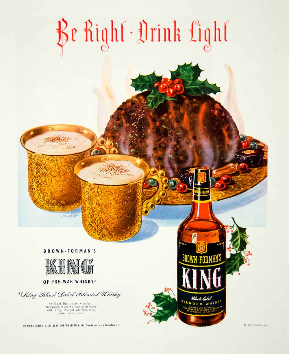 1946 Ad King Black Label Blended Whiskey Ham Mug Brown Forman Holiday Holly FTM1